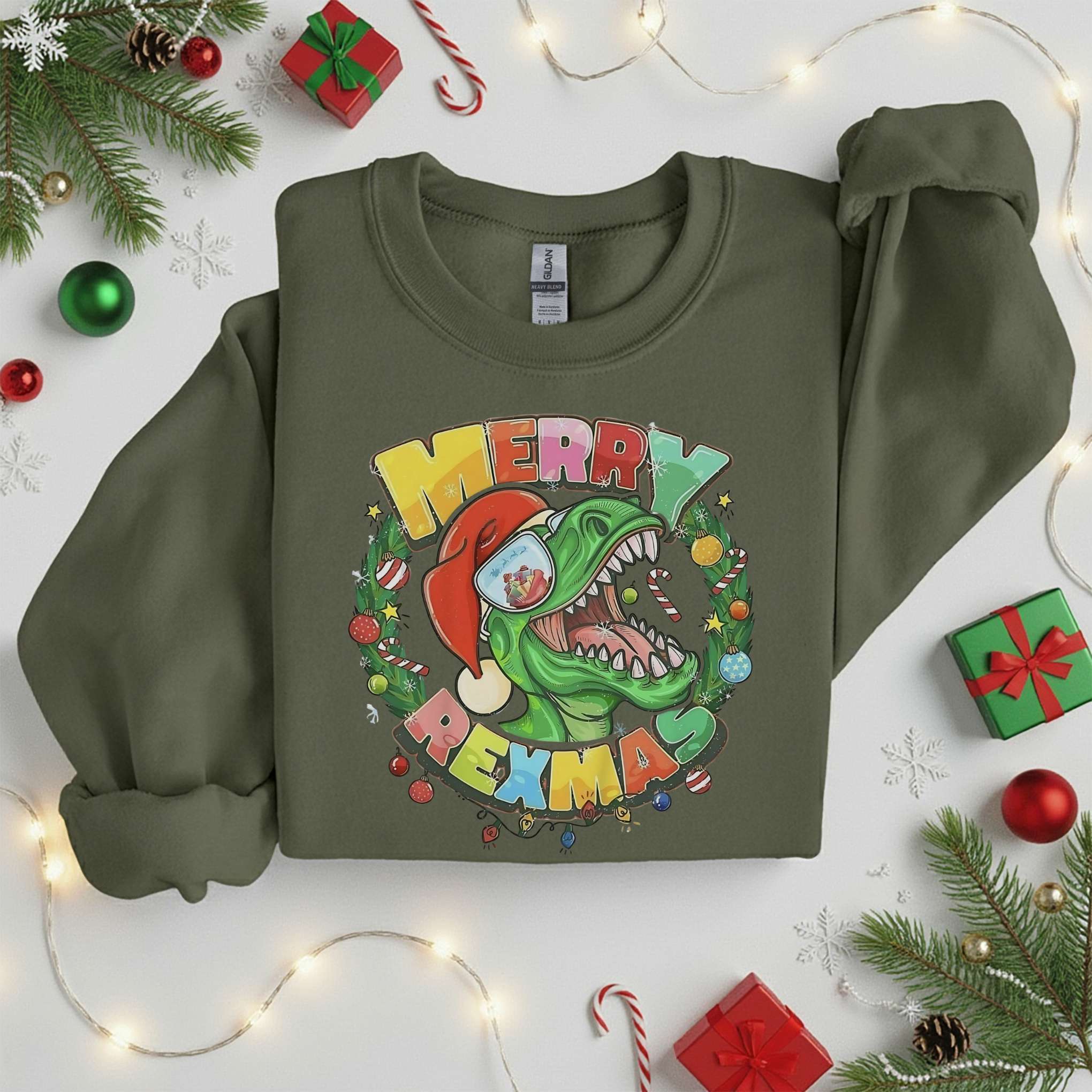 Merry Rexmas T-Rex Christmas Sweatshirt • Funny Dino Holiday Sweater • Santa Dinosaur Xmas Gift