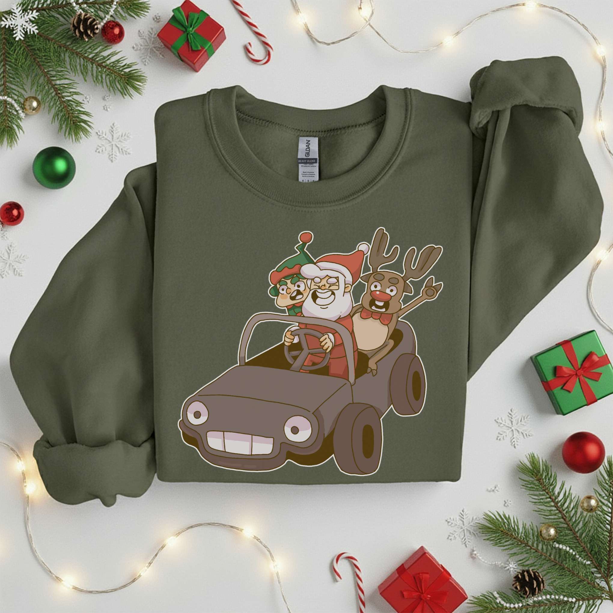 Santa Elf & Reindeer Car Christmas Sweater• Tshirt