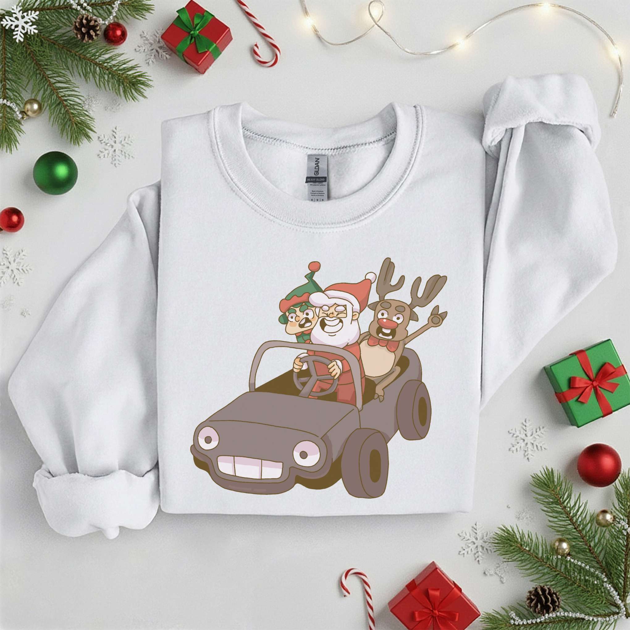 Santa Elf & Reindeer Car Christmas Sweater• Tshirt