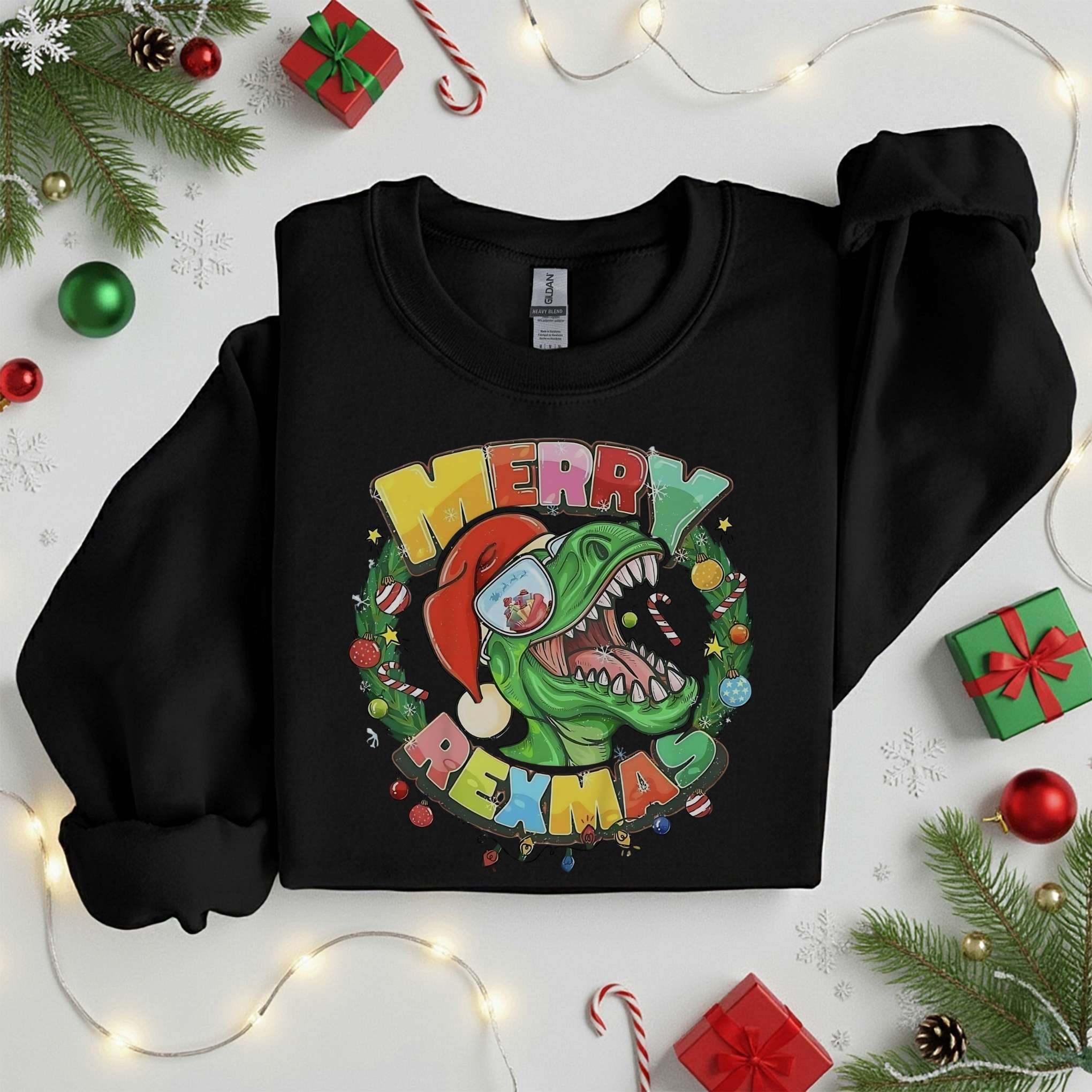 Merry Rexmas T-Rex Christmas Sweatshirt • Funny Dino Holiday Sweater • Santa Dinosaur Xmas Gift