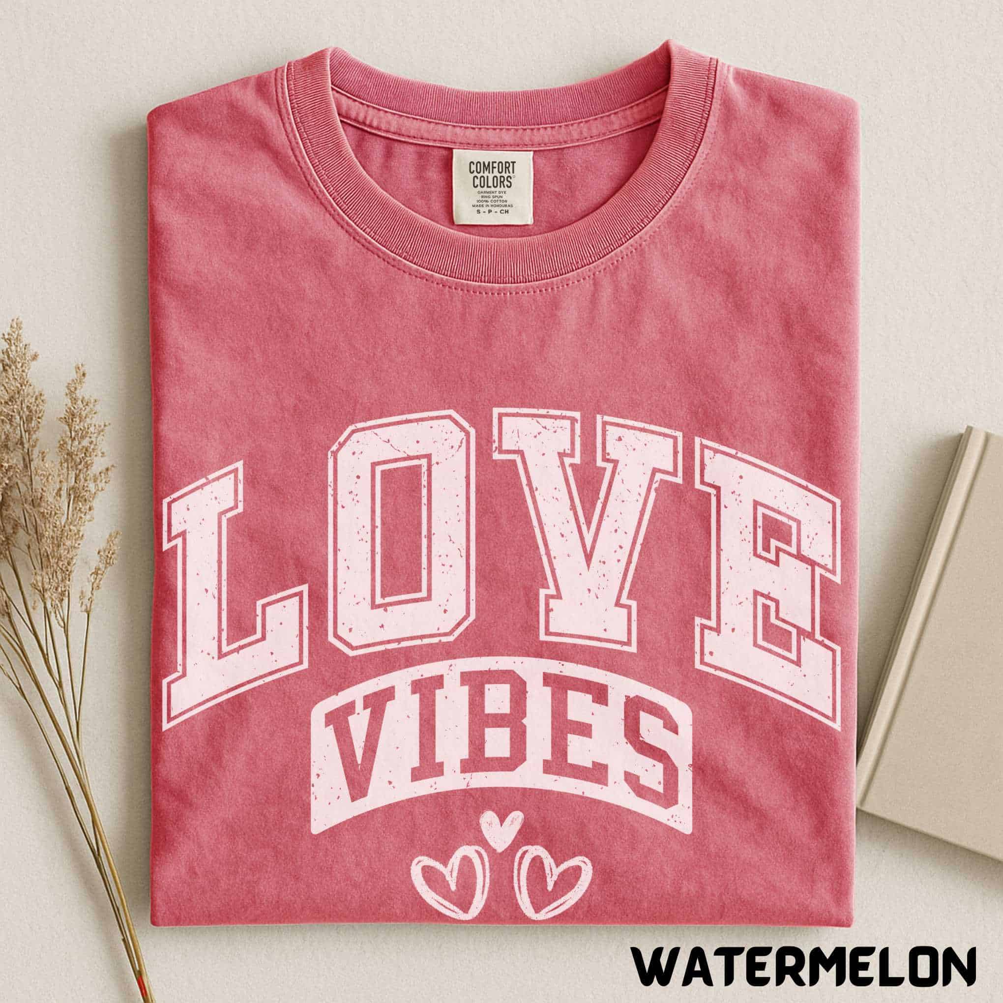 Valentine’s Day Love Vibes, Pink Heart Design, Comfort Colors Casual Wear, Girlfriend or Wife Gift