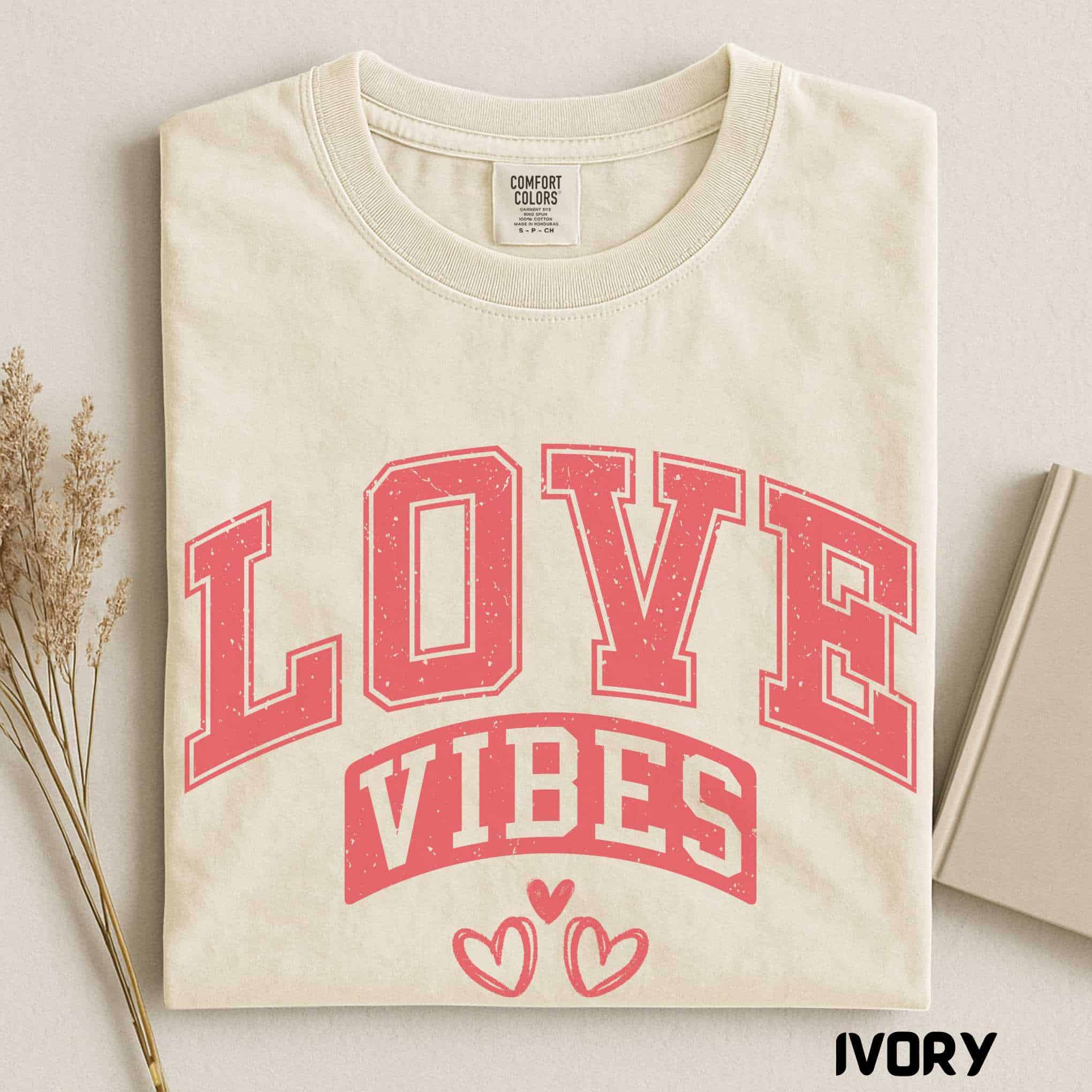 Valentine’s Day Love Vibes, Pink Heart Design, Comfort Colors Casual Wear, Girlfriend or Wife Gift